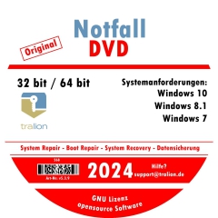 TRALION DVD di emergenza 2024 - CD/DVD per Windows XP, Windows Vista, Windows 7, Windows 8.1, Windows 10 - Ripristino del sistema, DVD di emergenza - 32 bit, 64 bit - tedesco